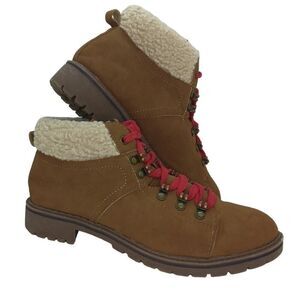 Time & Tru Womens Pre-owned Lace Up, Memory Foam, Faux Leather Tan Boots- sz. 9